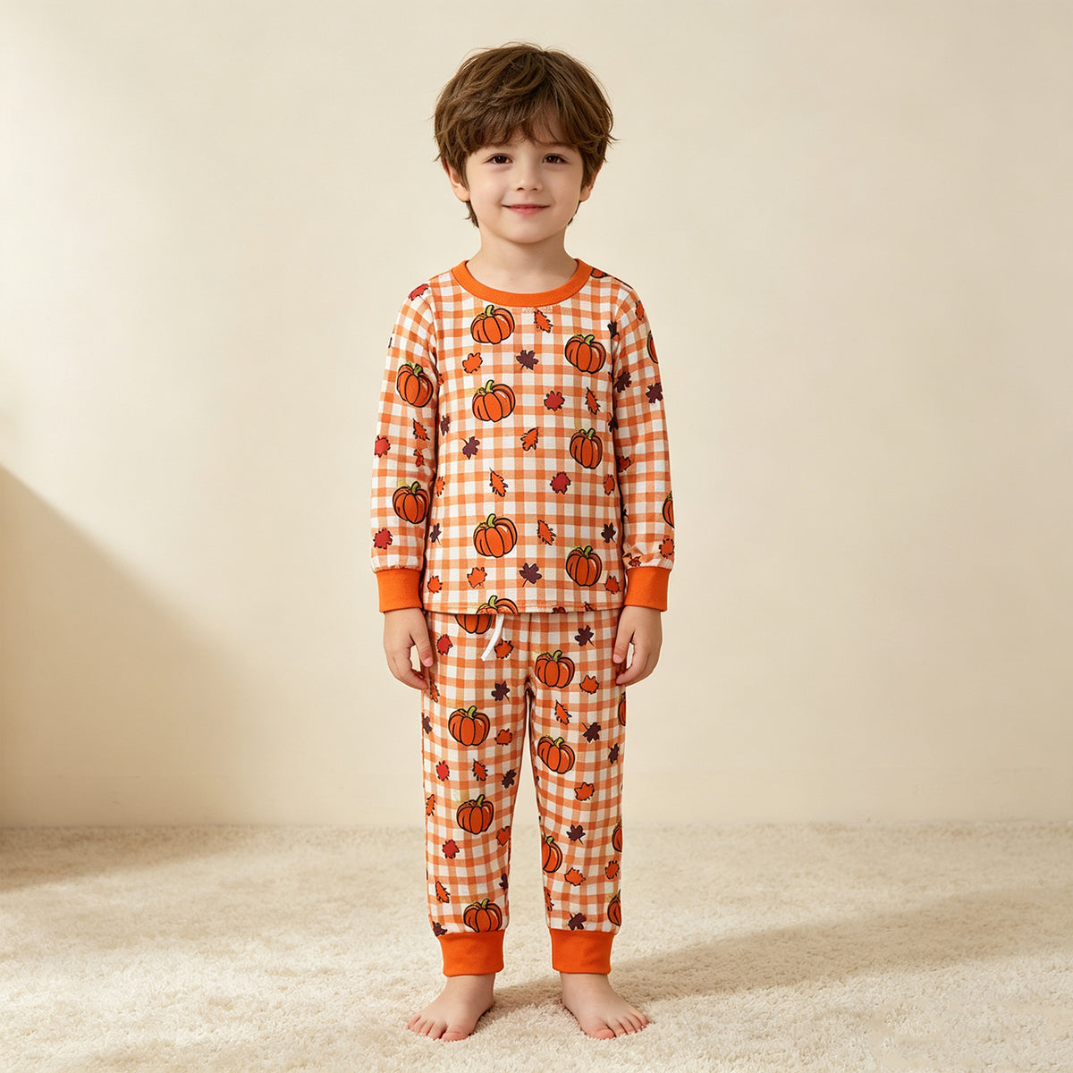 NEW RTS NO MOQ milk silk BLP1540（BT1929+P1198）Baby Boys Pumpkins Checked Print Top Pockets Pant Fall Casual Set