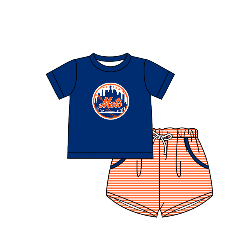 Custom moq 5 mix size milk silk summer teams Baby Boys And Girls Navy Blue Short-Sleeved Shirt And Shorts Set Matching Striped Rompers Outfit Set