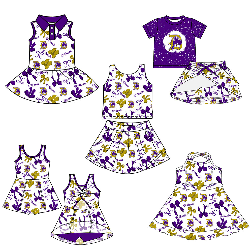 Custom moq 5 mix sizes summer teams baby girls clothes team purple short sleeve skirts shorts sets 1 and skirts sets 2 and and skirts sets 2 and dress 1 and dress 2 and dress 3 and dress 4-25.6.11