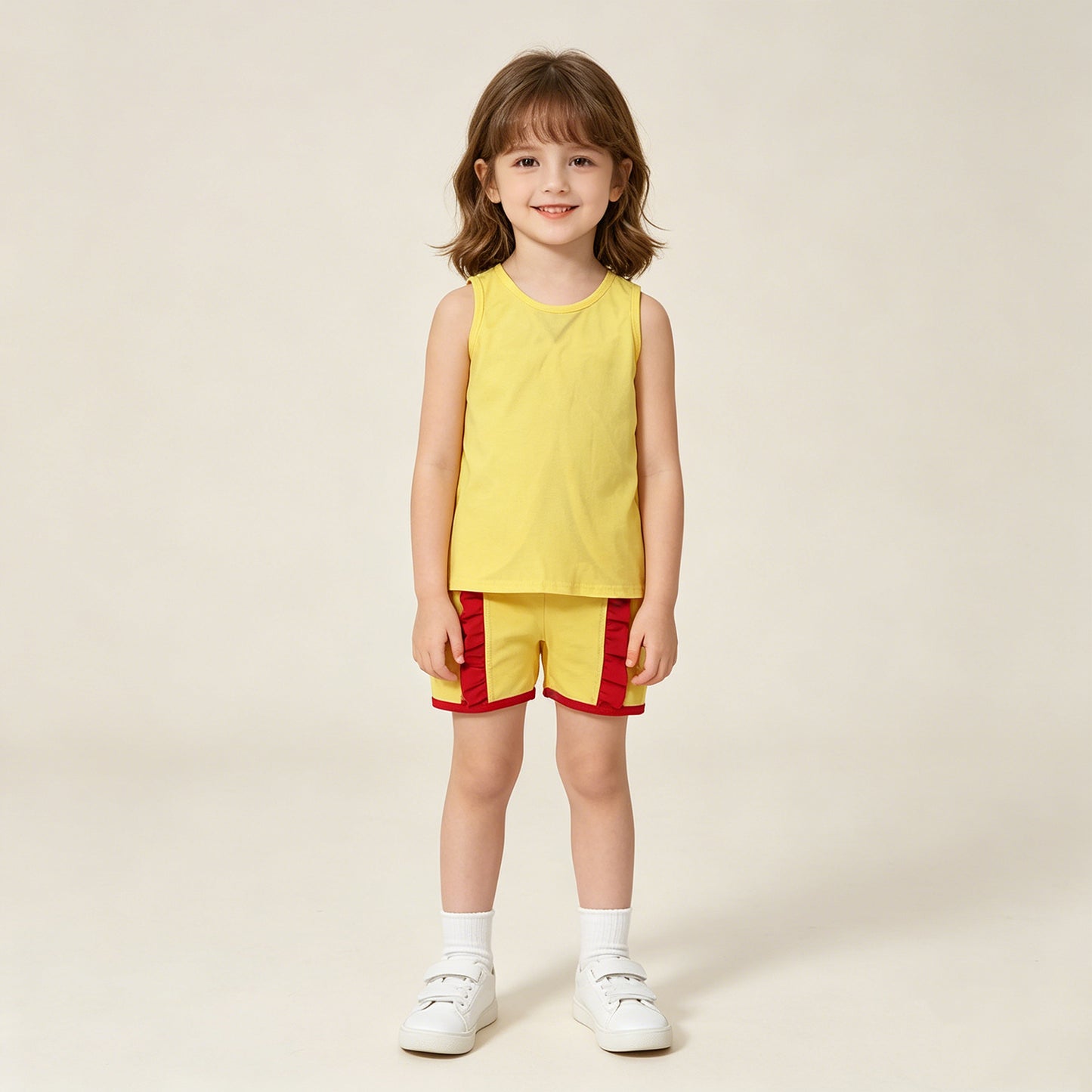 RTS NO MOQ cotton GSSO3466 Baby Girls Cute Yellow Sleeveless Back Bows Tunic Ruffle Shorts Sets