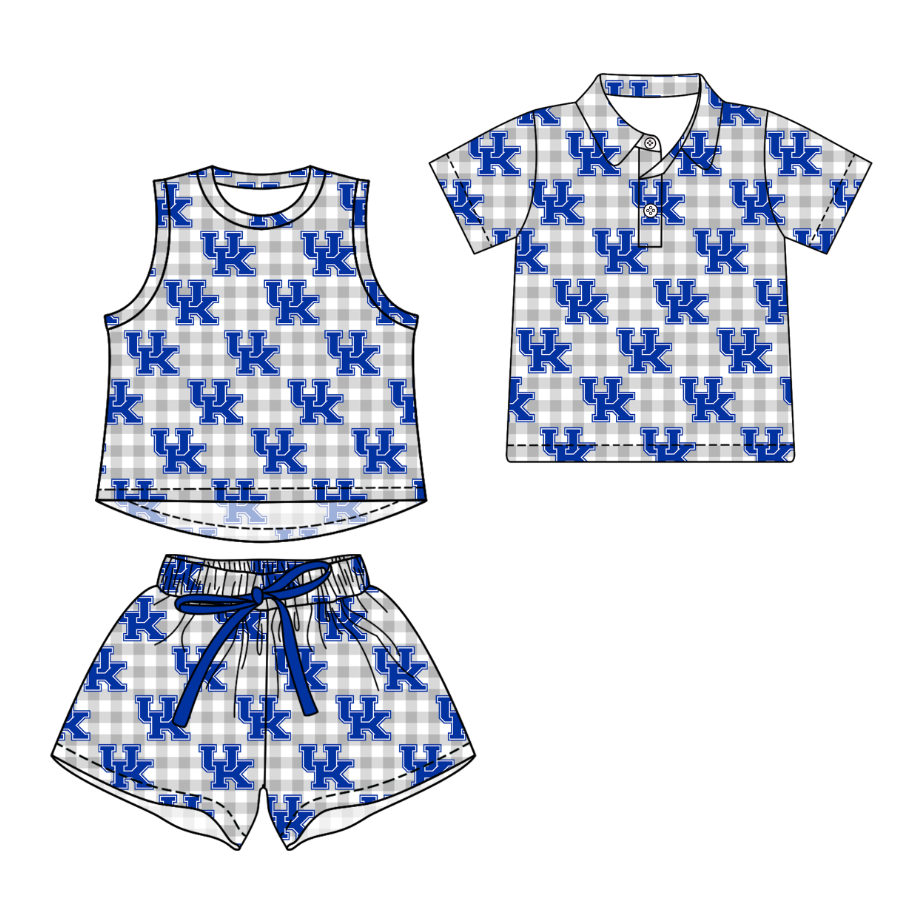 Custom moq 5 mix size milk silk summer teams Grey Checked Girls Sleeveless Top And Short Sets Boys Short Sleeve Checked Button Polo Shirt Top