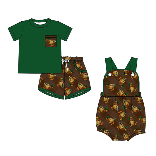 Custom moq 5 mix size Sibling Baby Boys Green Duck Print Romper Short-Sleeved Shorts Set Cute Animal Theme Outfit for Infants