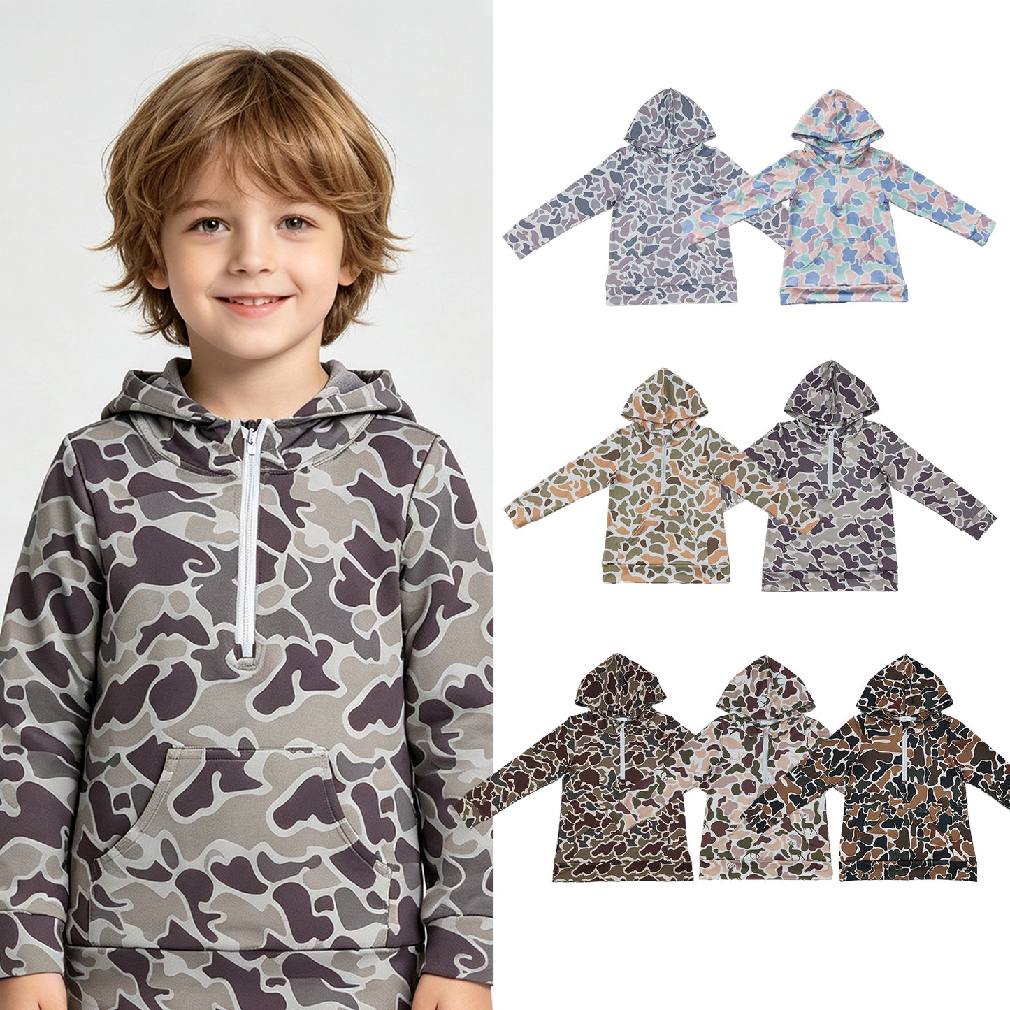 RTS NO MOQ Sibling milk silk Toddler Boys Camo Print Long Sleeve Hooded Top Zip Pocket Casual Fall Pullover