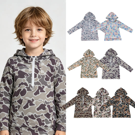 RTS NO MOQ Sibling milk silk Toddler Boys Camo Print Long Sleeve Hooded Top Zip Pocket Casual Fall Pullover