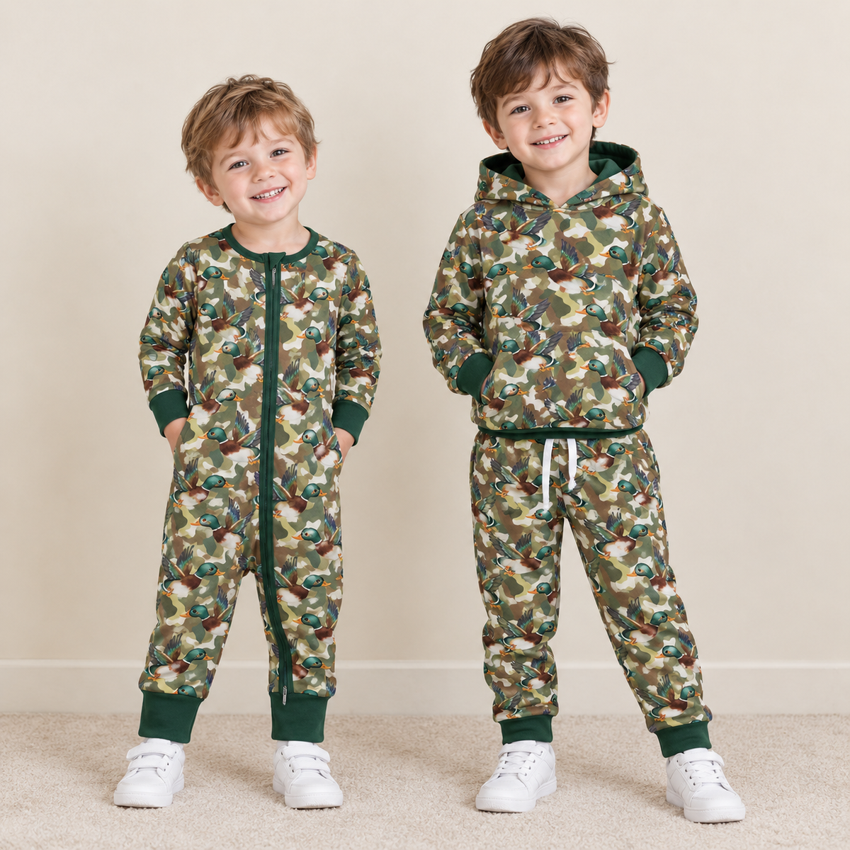 RTS NO MOQ Sibling milk silk Baby Boys Duck Camo Print Hoodie Pant Set Zipper Romper And Baby Swaddle Blanket
