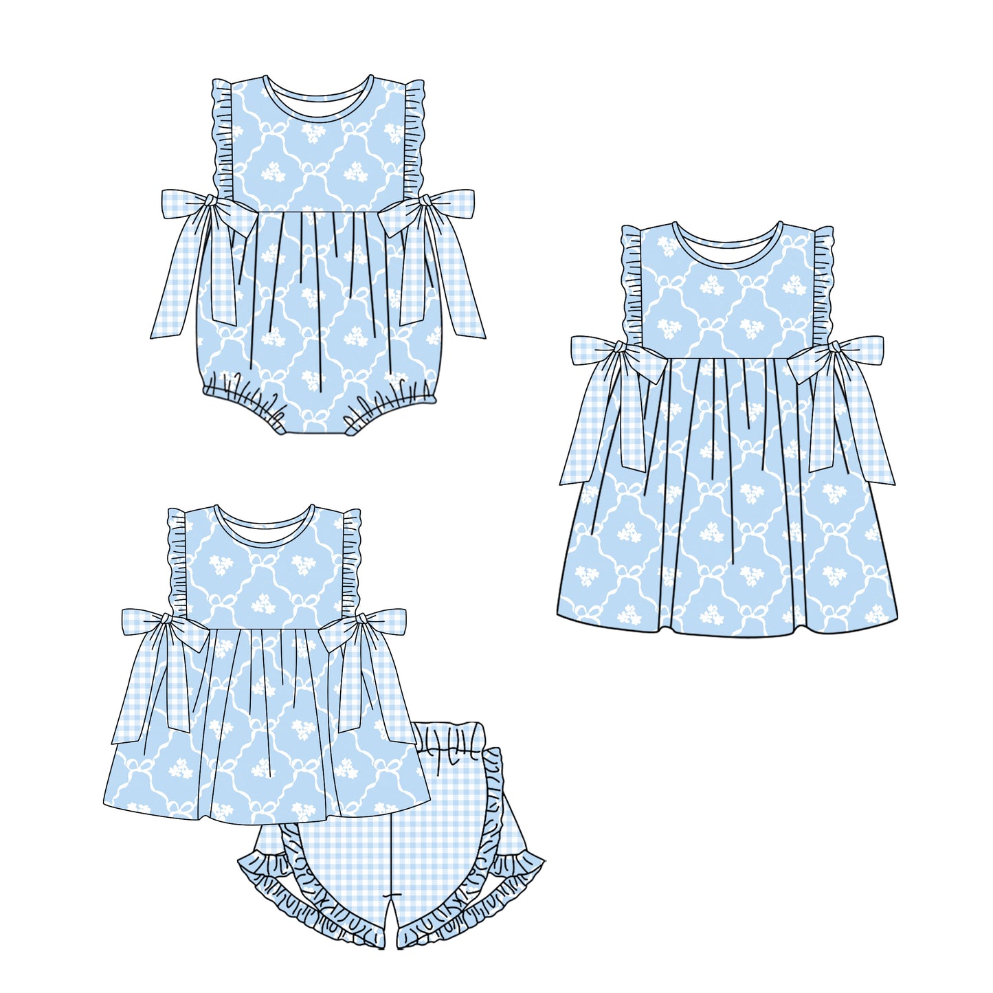 11.16 custom each style moq 5eta 4-6week Sibling Sister bow blue baby girl short sleeve shorts sets and dress and rompers match family design