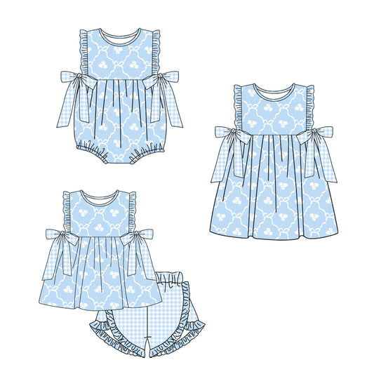 11.16 custom each style moq 5eta 4-6week Sibling Sister bow blue baby girl short sleeve shorts sets and dress and rompers match family design