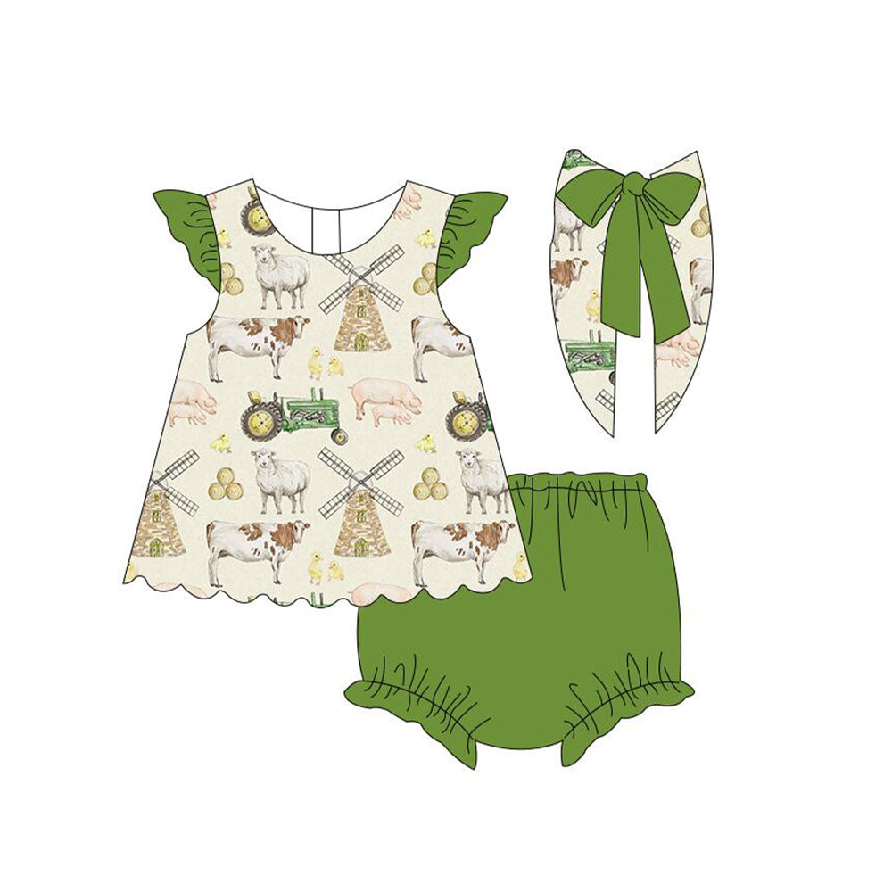 5.11custom each style moq 5eta 4-5week Sibling Sister Country style farm cattle and sheep prints green boys and girls outfits and baby romper match family design