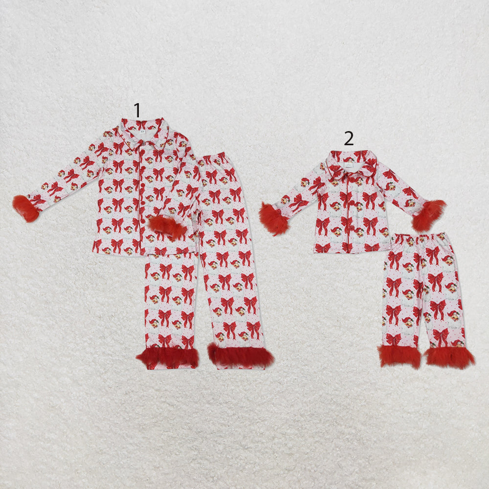 RTS NO MOQ milk silk Sibling Christmas Adult To Match Kids Red Christmas Fluffy Fur Trim Bow Santa Print Button Front Top Elastic Waist Pants Christmas Pajama Set