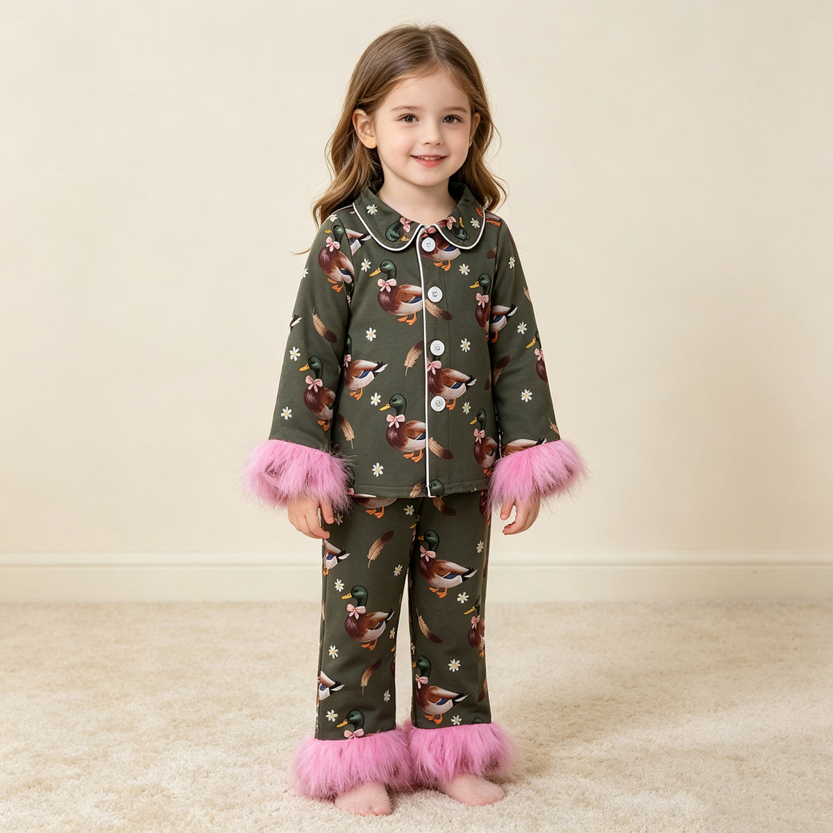 NEW RTS NO MOQ milk silk GLP3629 Baby Girls Flowers Ducks Button Top Pant Fur Sleeves Pant Pajamas Set