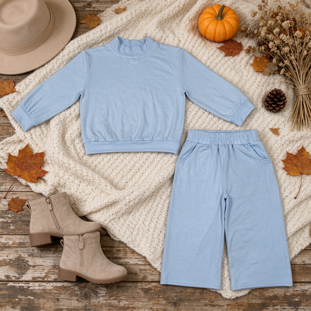 NEW RTS NO MOQ cotton GLP3472 High Neck Baby Girls Light Blue Pocket Long Sleeve Top Flare Pants Set
