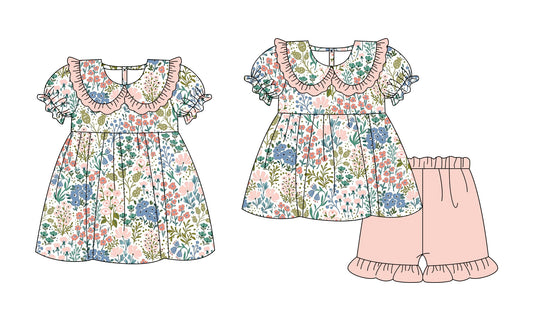 3.5 Custom moq 5 mix size Sibling Baby Girl's Flowers Short-Sleeved Top And Shorts Set Cute Dress for Summer