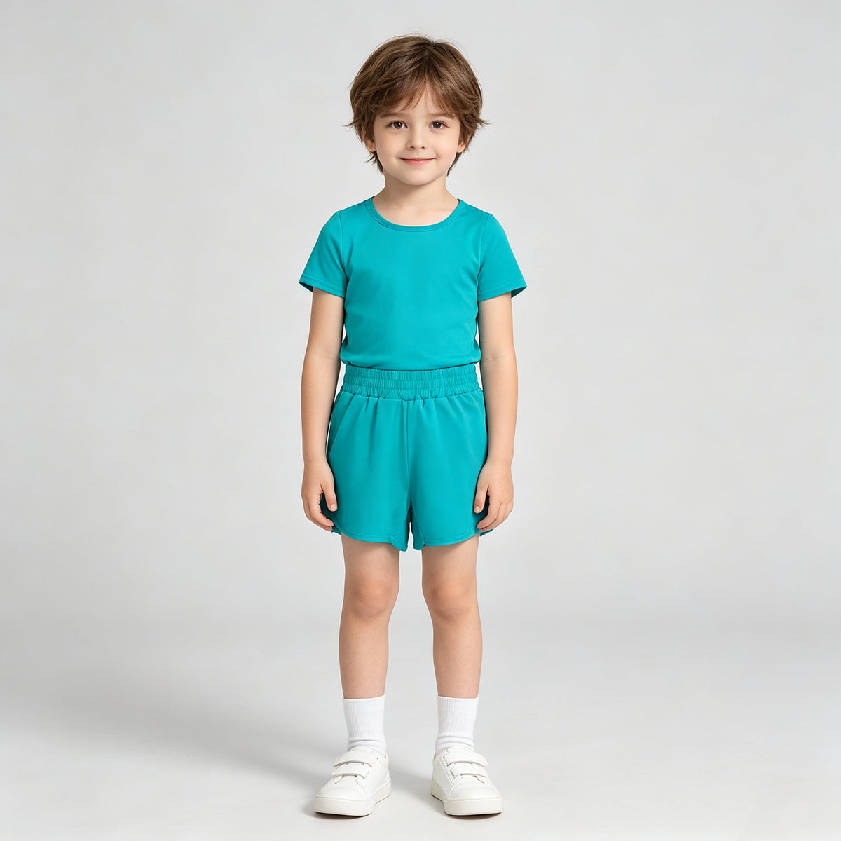 NEW RTS NO MOQ yoga fabric cotton GSSO3771（GT1640+SS0907） Yoga Baby Girls Aqua Solid Short Sleeve Top Matching Sport Shorts Yoga Active Clothes Set