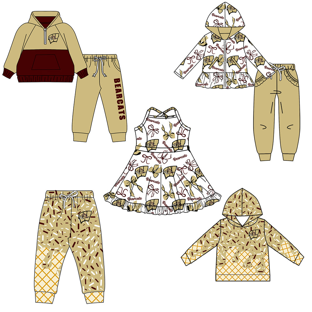 Custom moq 5 mix size milk silk summer teams baby girls clothes bow khaki hooded long sleeve pants sets and boy sets and dress and hooded top and pant-25.8.16