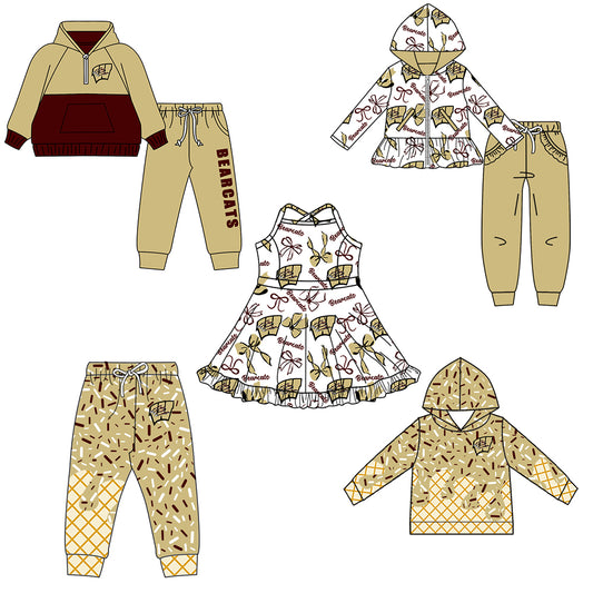 Custom moq 5 mix size milk silk summer teams baby girls clothes bow khaki hooded long sleeve pants sets and boy sets and dress and hooded top and pant-25.8.16