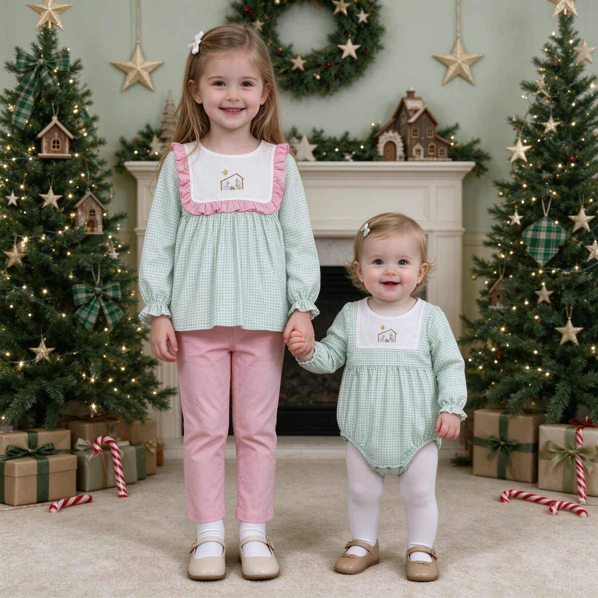 Baby Girls Green Checked Embroidery Collection - Peplum Top Pink Pants Set & Bib Panel Romper