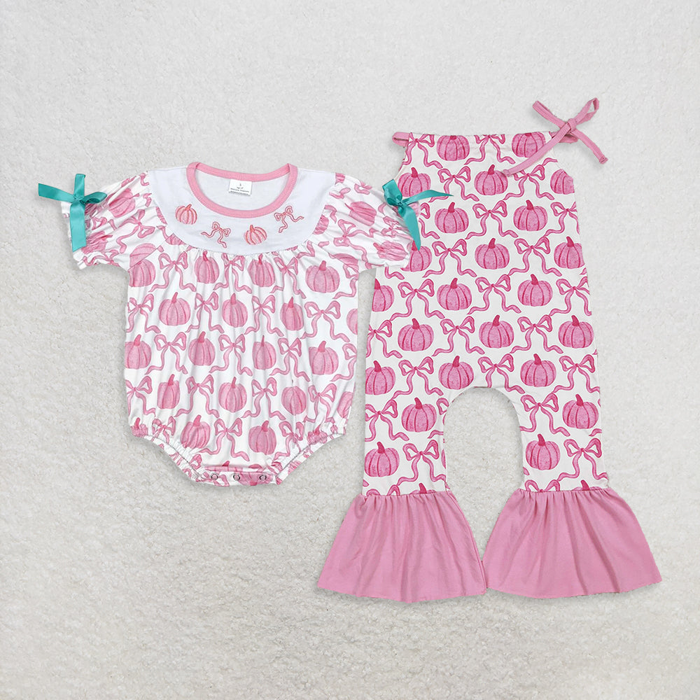 RTS NO MOQ Sibling Baby girls clothes halloween pumpkin short sleeve rompers and jumpsuit