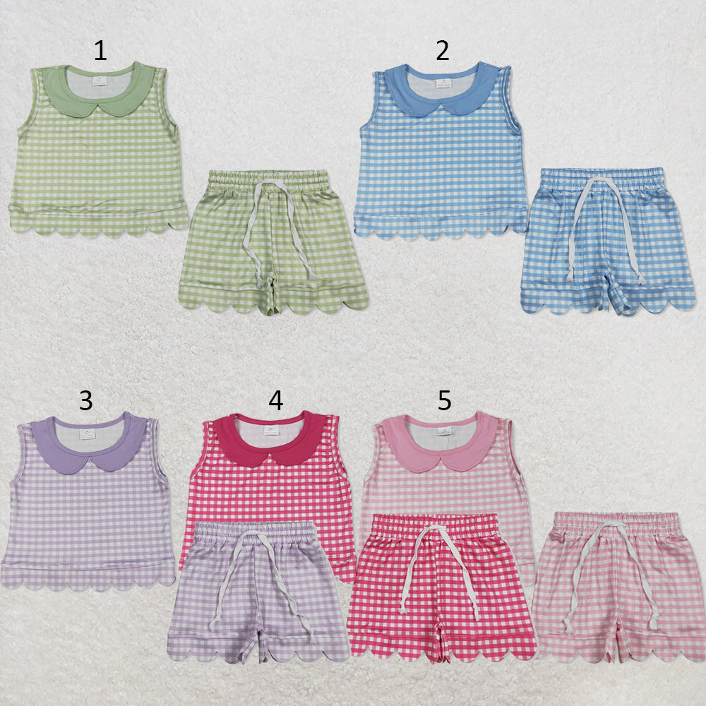 RTS NO MOQ Sibling milk silk Baby Girls Cute Check Collared Sleeveless Top Scallop Edge Shorts Clothes Set