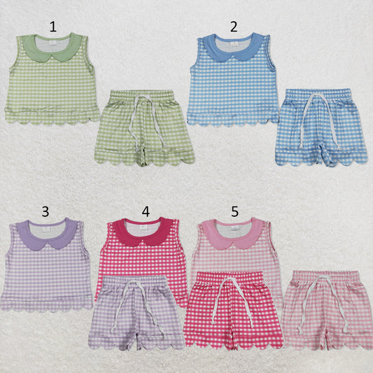 RTS NO MOQ Sibling milk silk Baby Girls Cute Check Collared Sleeveless Top Scallop Edge Shorts Clothes Set