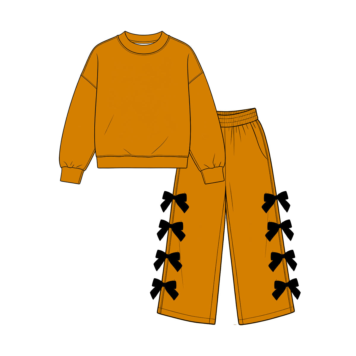 custom moq 5 mix size Baby Girls Mustard Long Sleeve Top And Black Bow Wide Leg Pants Fall Casual Outfit