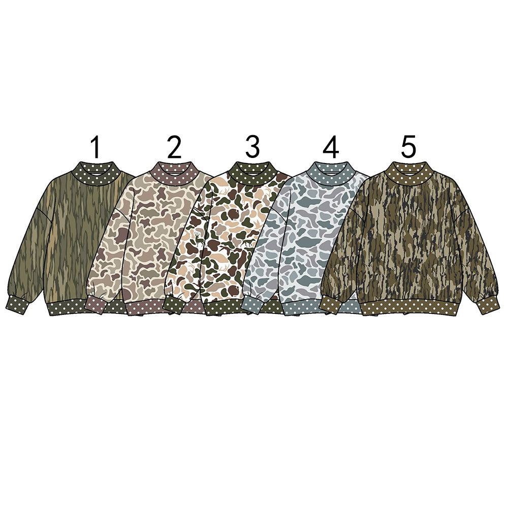 pre order no moq LNCKCS01001 High Neck Baby Kids Camo Print  Long Sleeve Pullover Sweatshirt Top