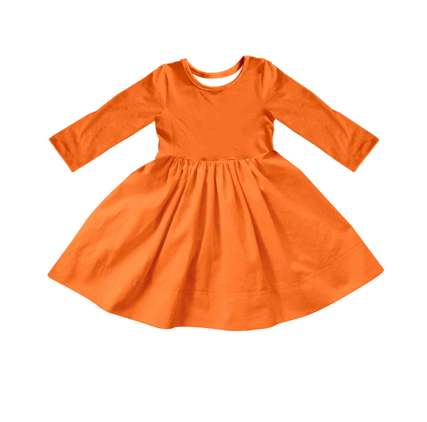 Custom moq 5 Girls Blank Cotton Long Sleeve Dress Orange Long Sleeve Dress