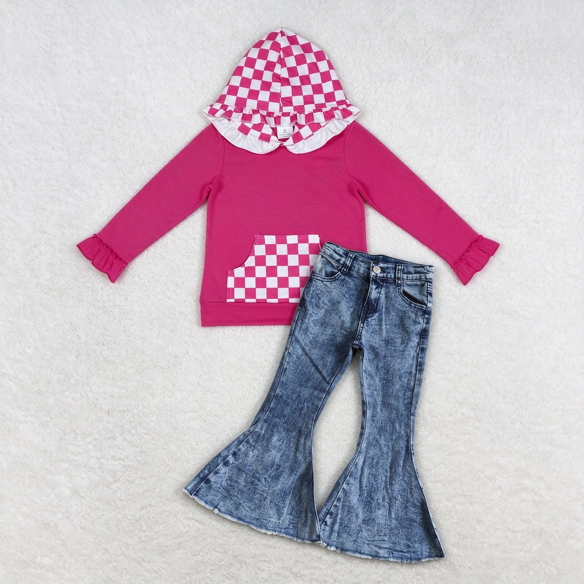 NEW RTS NO MOQ Denim GT1851+ P0008 Baby Girls Hot Pink Checkered Ruffle Hoodie With Pocket Denim Flare Pant Set
