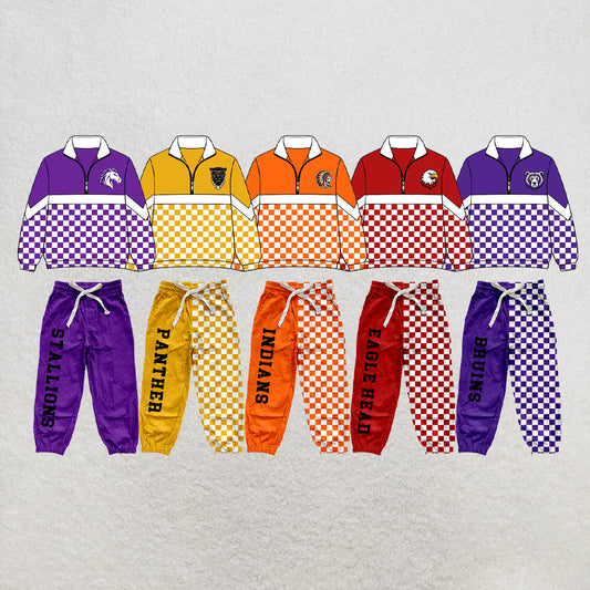 custom moq 5 mix size XY071806 Baby Kids Checked Patchwork Zipper Long Sleeve Pullover Top Pants Clothes Set