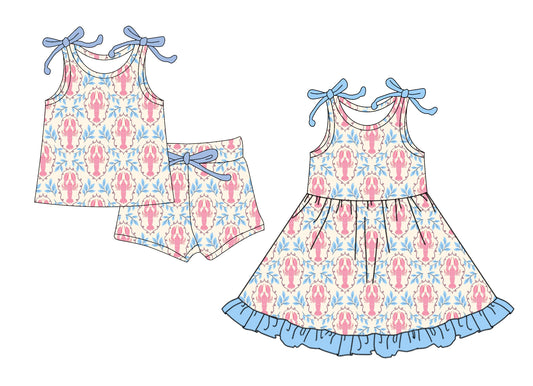 25.12.5 custom each style moq 5 eta 6-8week Sibling Sister lobster floral baby short sleeve shorts sets and dress match design