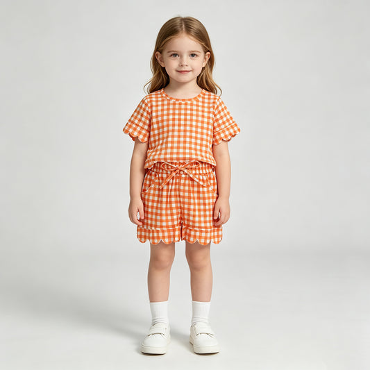NEW RTS NO MOQ milk silk GSSO3839 Baby Girls Orange Check Shirt Top Elastic Scallop Shorts Clothes Set