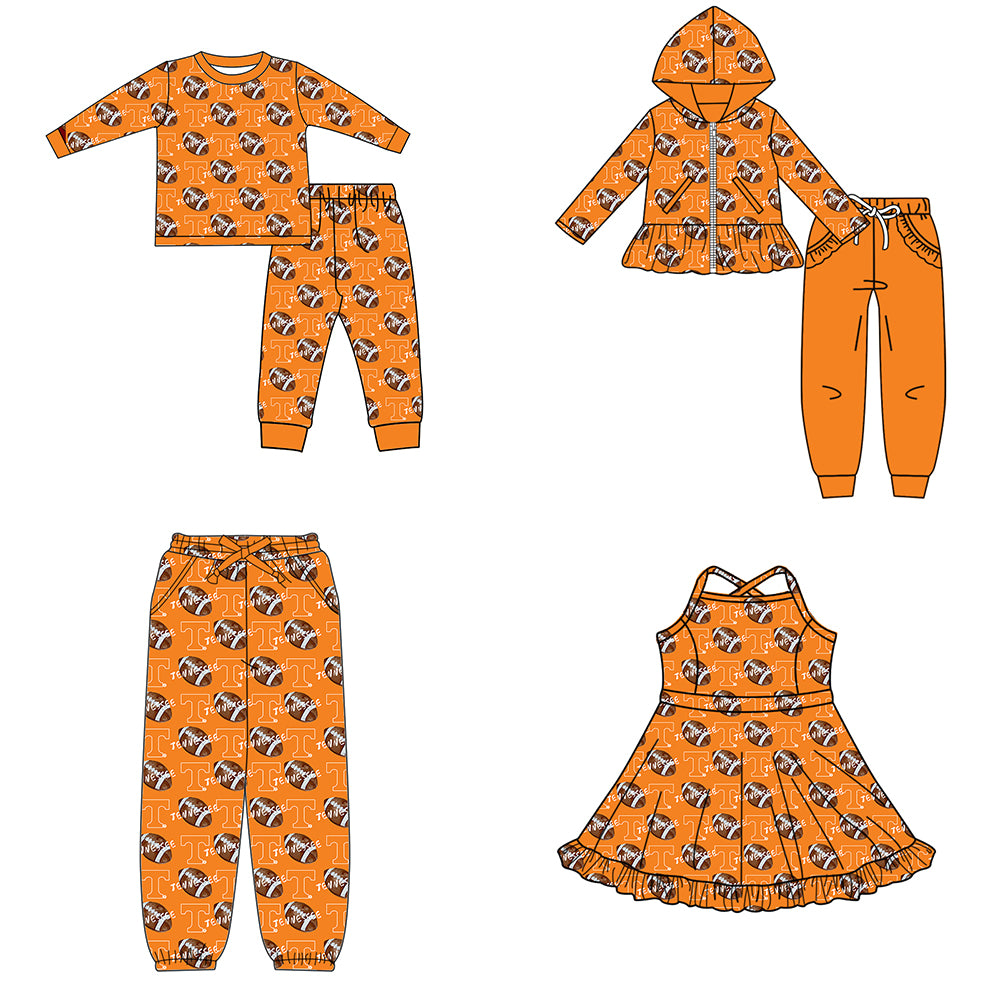 Custom moq 5 mix size milk silk summer teams baby girls clothes orange hooded long sleeve pants sets and boy sets and dress and pant-25.8.21