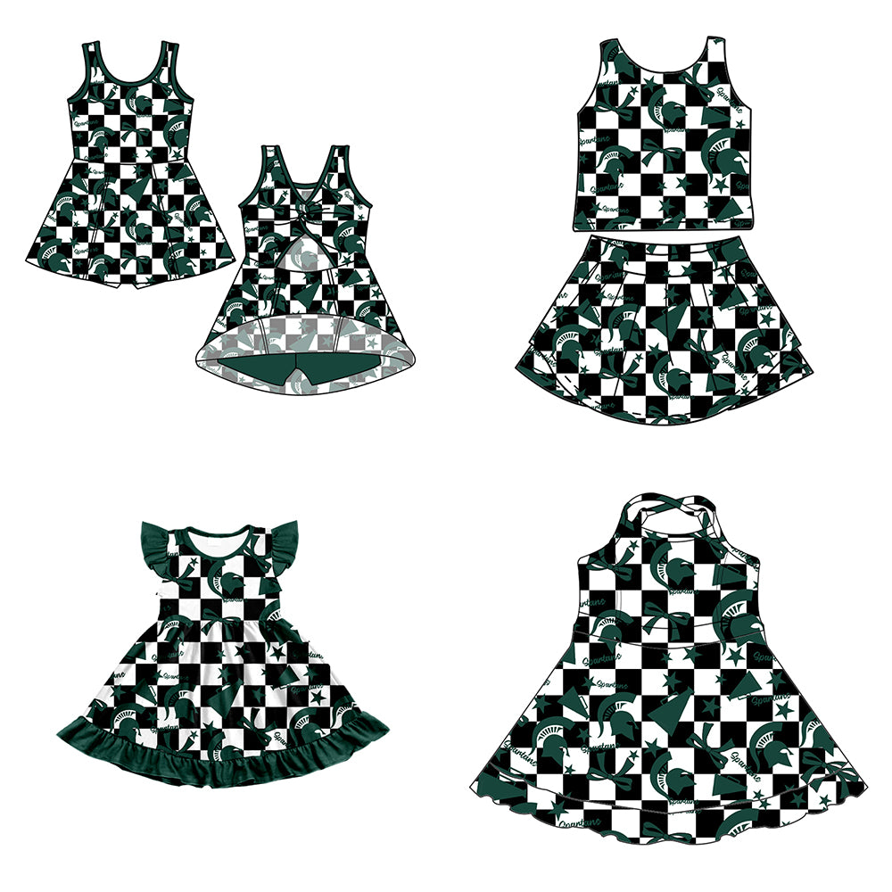 Custom moq 5 mix size milk silk summer teams baby girls clothes team bow green sleeveless skirts sets and dress 1 and dress 2 and dress 3-25.6.30