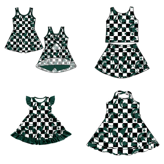 Custom moq 5 mix size milk silk summer teams baby girls clothes team bow green sleeveless skirts sets and dress 1 and dress 2 and dress 3-25.6.30