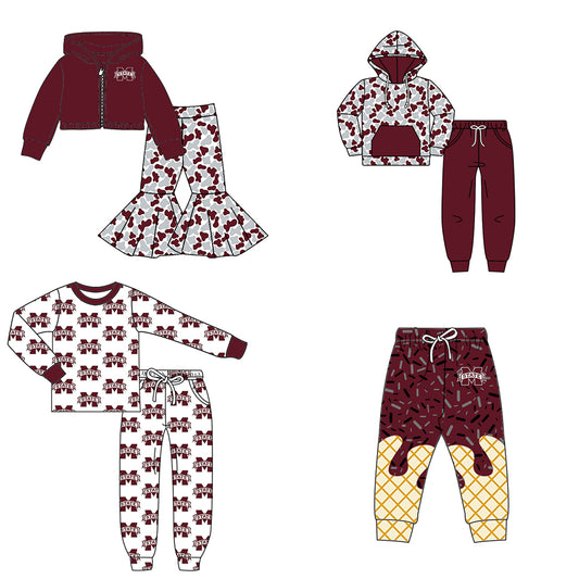 Custom moq 5 mix size milk silk summer teams baby girls clothes camouflage brick red hooded long sleeve pants sets 2 and boy pants sets and pant-25.8.7