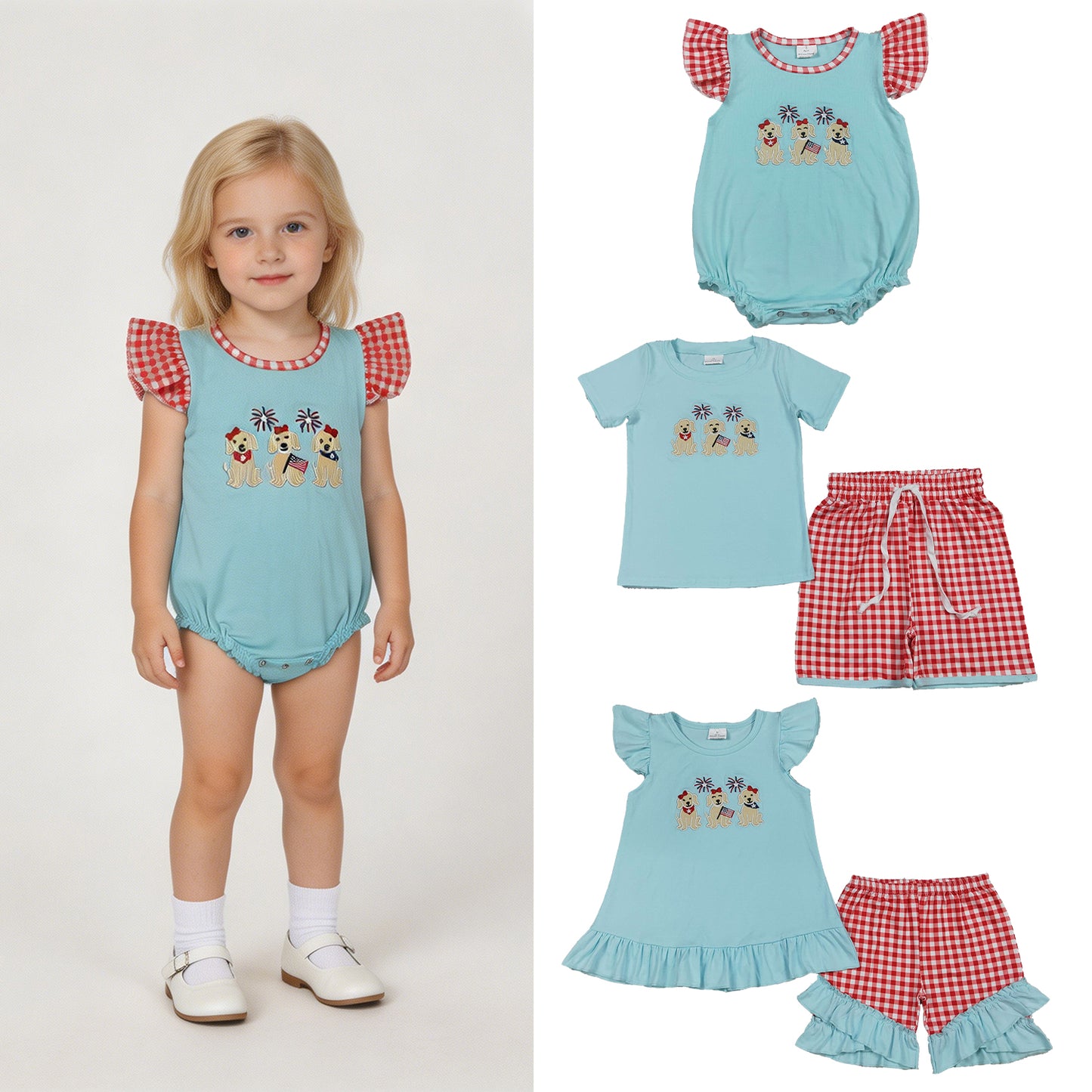 RTS NO MOQ Sibling milk silk Baby Boys And Girls 4th of July Embroidery Flag Dogs Top And Checked Shorts Set Ruffle Romper