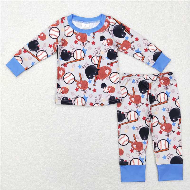 Baby boys Sporty Baseball Print Gray Blue Sibling Rompers Clothes Sets