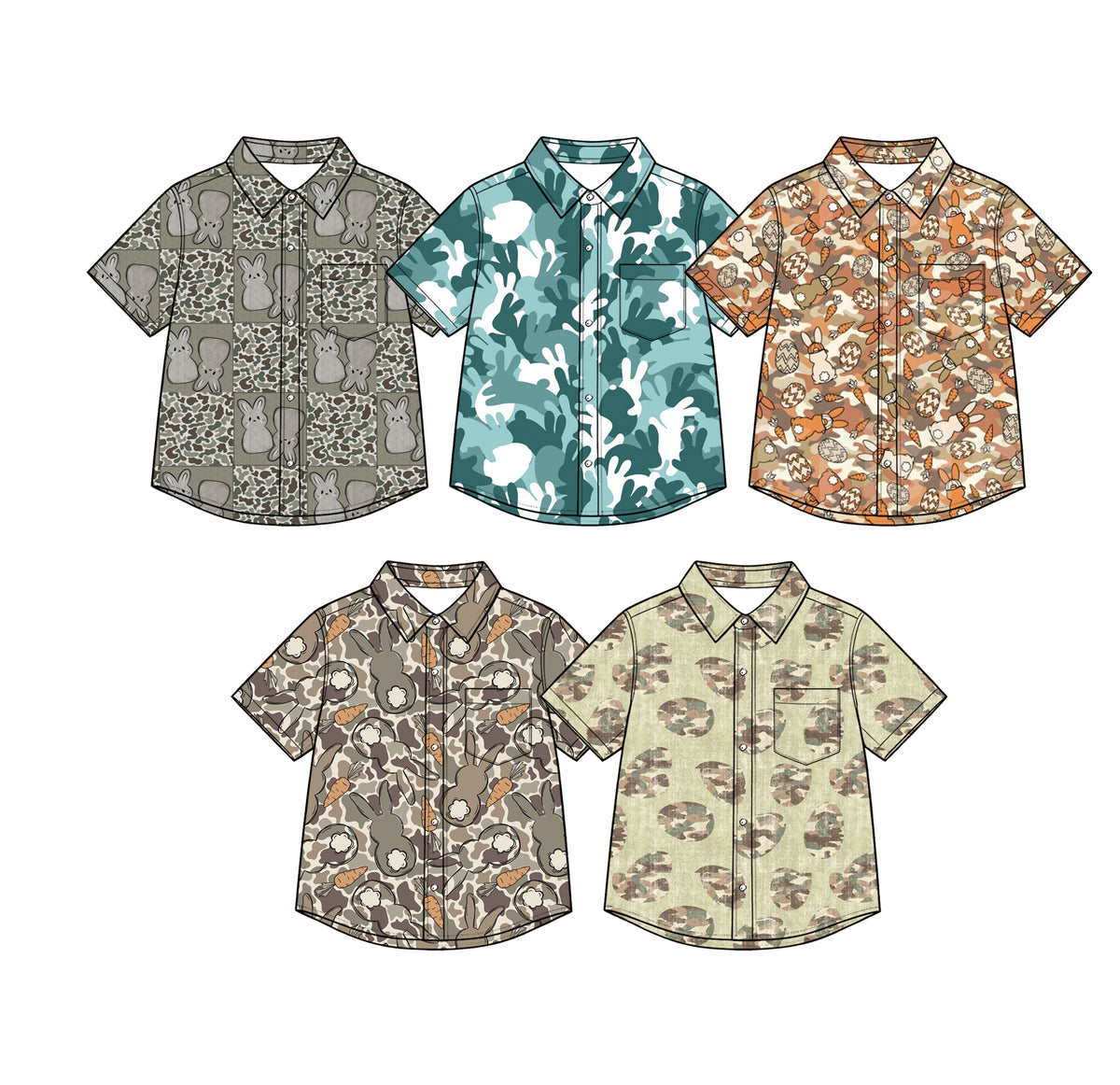(Preorder new) No moq Baby Girls Easter Camo Bunny Print Short Sleeve Button Down Collared Shirt