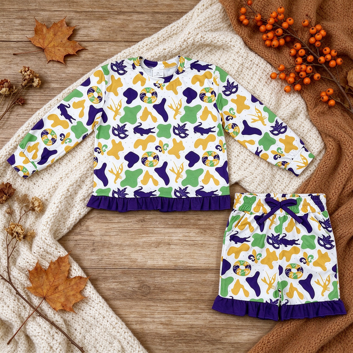 NEW RTS NO MOQ milk silk GLS0243 Baby Girls Camo Print Long Sleeve Top Ruffle Hem Short Outfit