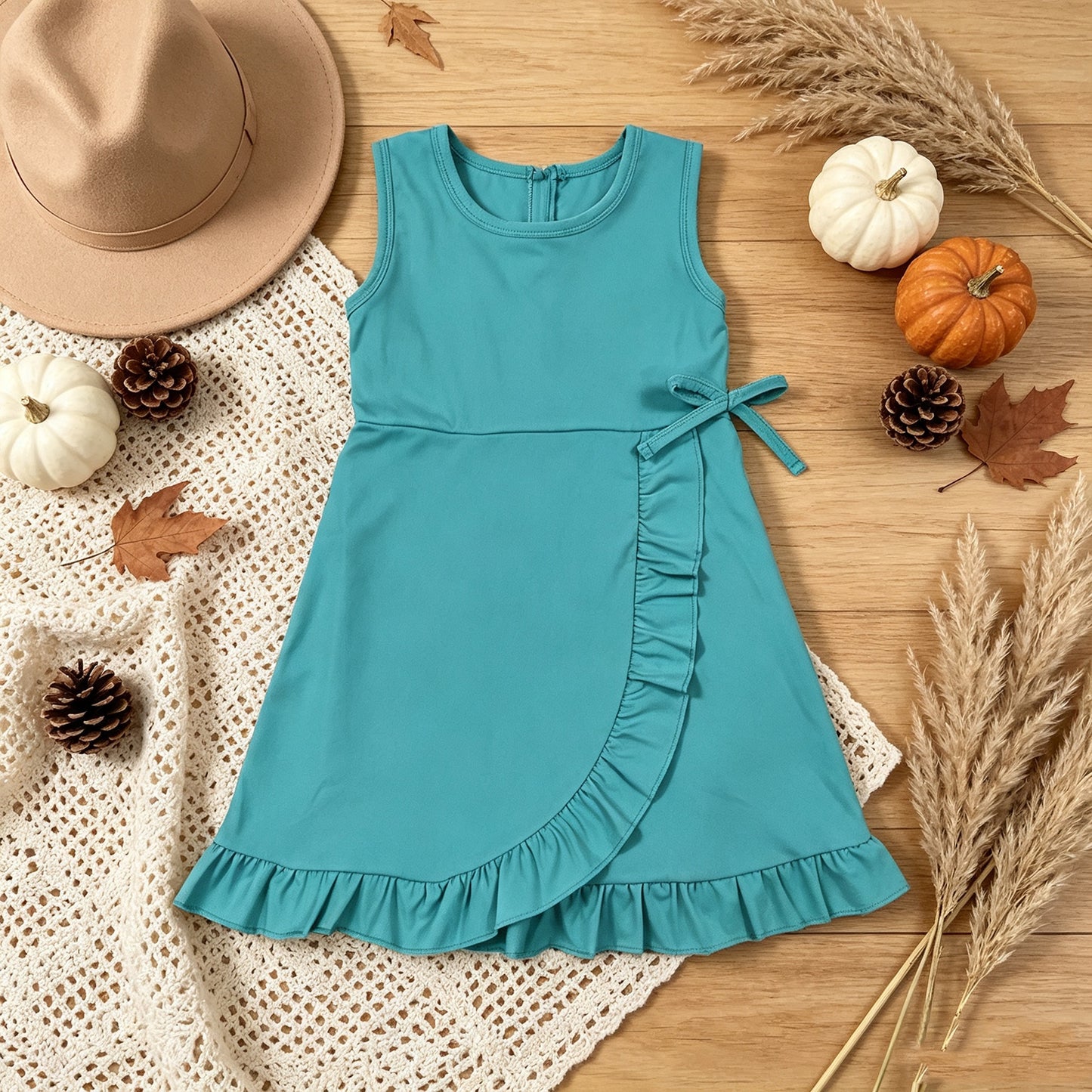 RTS No moq yoga fabric cotton GSD3768 Baby Girls Blue Sleeveless Yoga Active Shorts Ruffle Knee Length Dresses