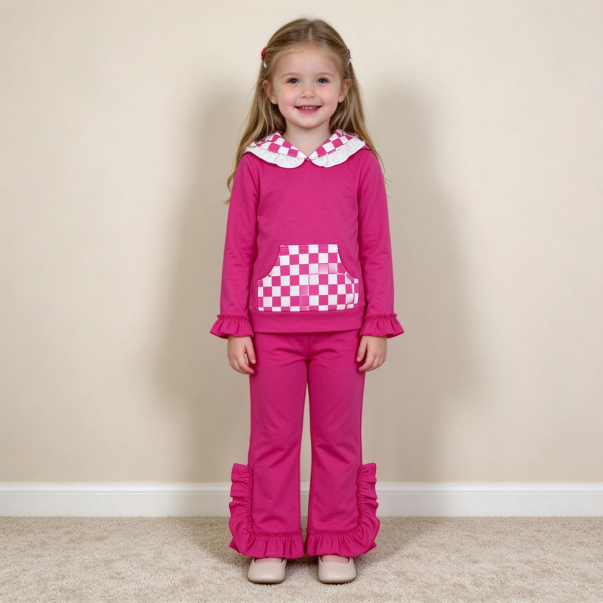 NEW RTS NO MOQ milk silk GT1851+P1161 Baby Girls Hot Pink Checked Pocket Long Sleeve Hoodie Ruffle Pant Outfit