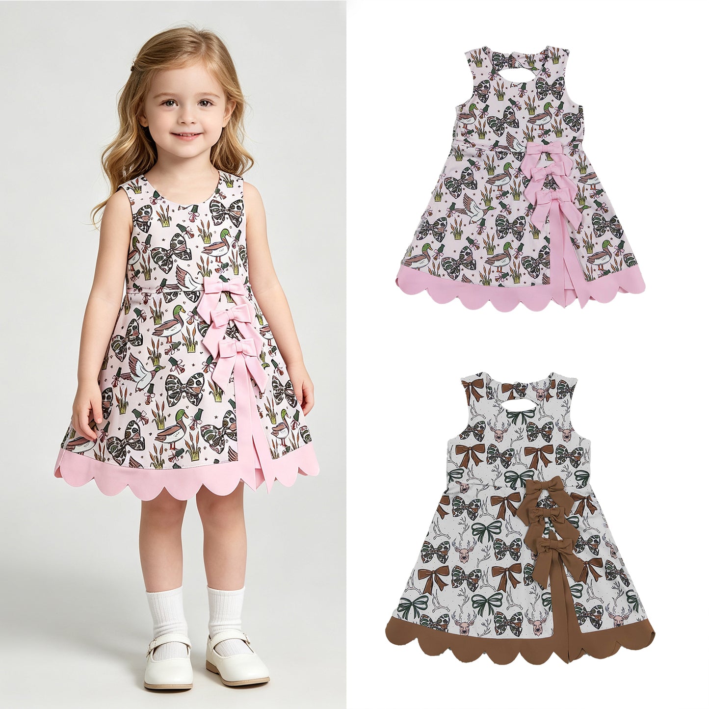 RTS NO MOQ Sibling yoga fabric Baby Girls Camo Bow Print Scallop Knee Length Yoga Active Dress