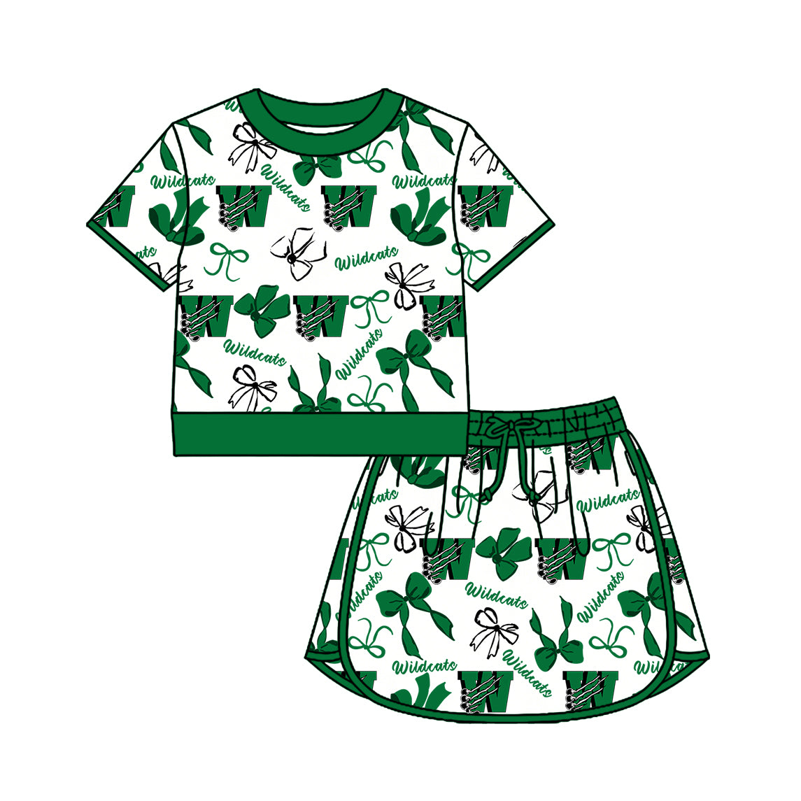 Custom moq 5 mix size summer teams Girls Green Polka Dot Top Shorts Set Top Skirt Short Set Zipper Pullover Pants Set