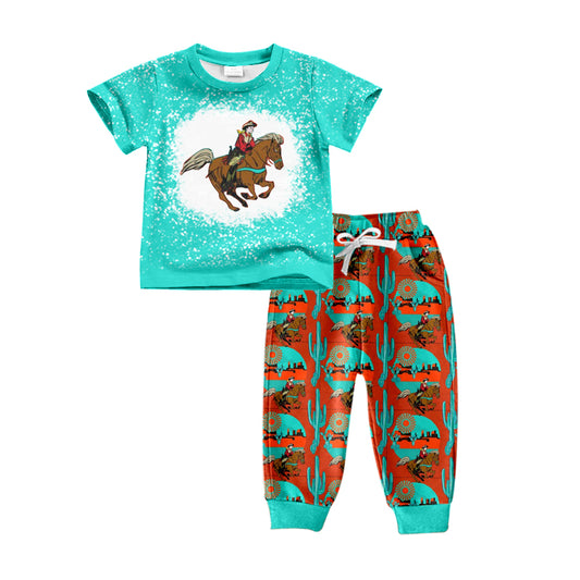 8.17 custom each style moq 5eta 4-6week baby boys clothes riding horse teal short sleeve pants sets