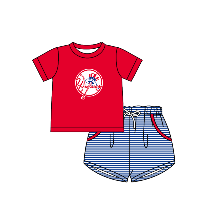 Custom moq 5 mix size milk silk summer teams Baby Boys And Girls Red Short-Sleeved Shirt And Shorts Set Matching Striped Rompers Outfit Set