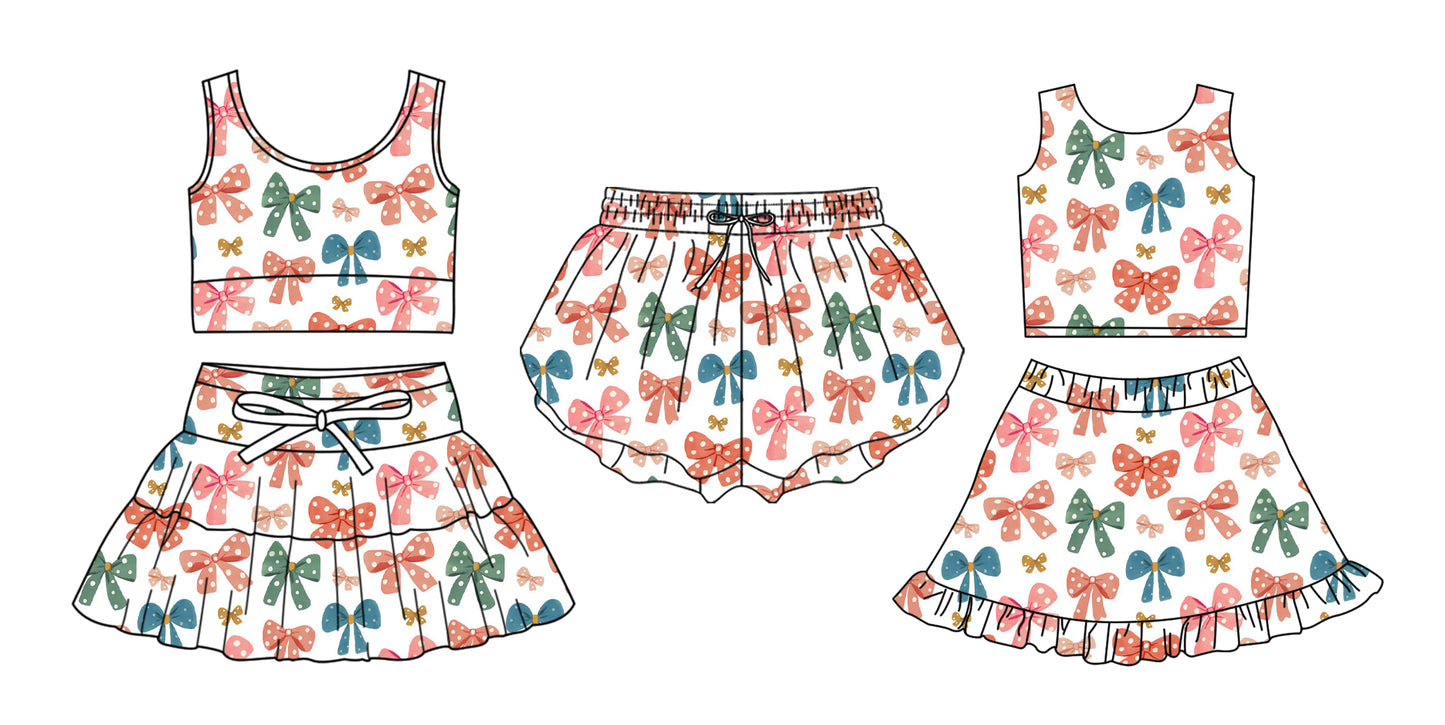 3.27 Custom moq 5 mix size Sibling Baby Girls Bows Sleeveless Top And Skirts Set Yoga Shorts Outfit