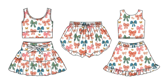 3.27 Custom moq 5 mix size Sibling Baby Girls Bows Sleeveless Top And Skirts Set Yoga Shorts Outfit