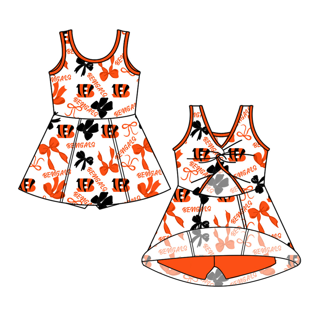 Custom moq 5 mix sizes summer teams baby girls clothes team orange short sleeve skirts shorts sets 1 and skirts sets 2 and dress 1 and dress 2 and dress 3 and dress 4-25.6.11