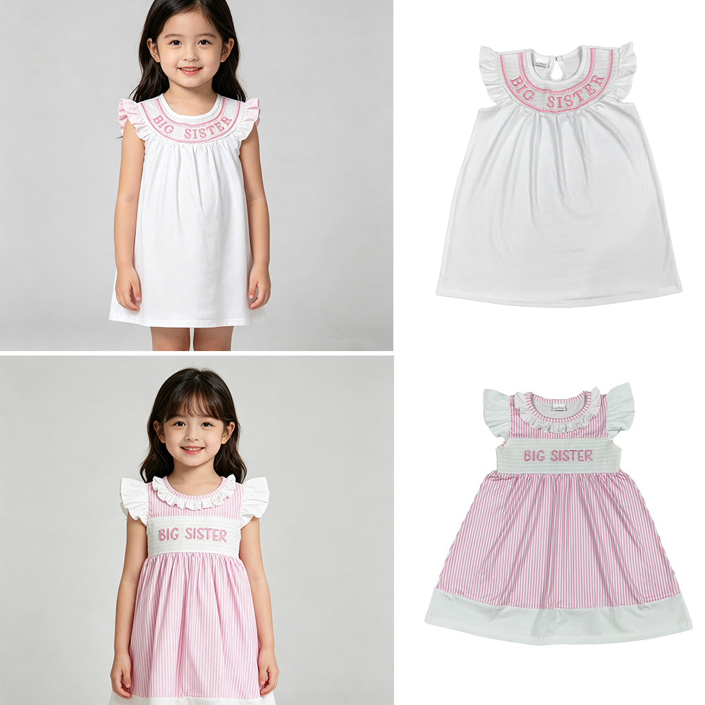 RTS NO MOQ Sibling Baby Girls Smocked Big Sister Flutter Sleeves Pink Stripe Knee-Length Dress Casual Wear（3-6M-7-8T）