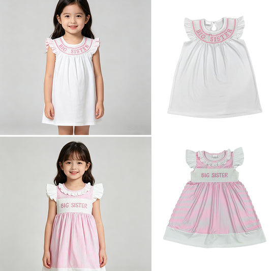 RTS NO MOQ Sibling Baby Girls Smocked Big Sister Flutter Sleeves Pink Stripe Knee-Length Dress Casual Wear（3-6M-7-8T）