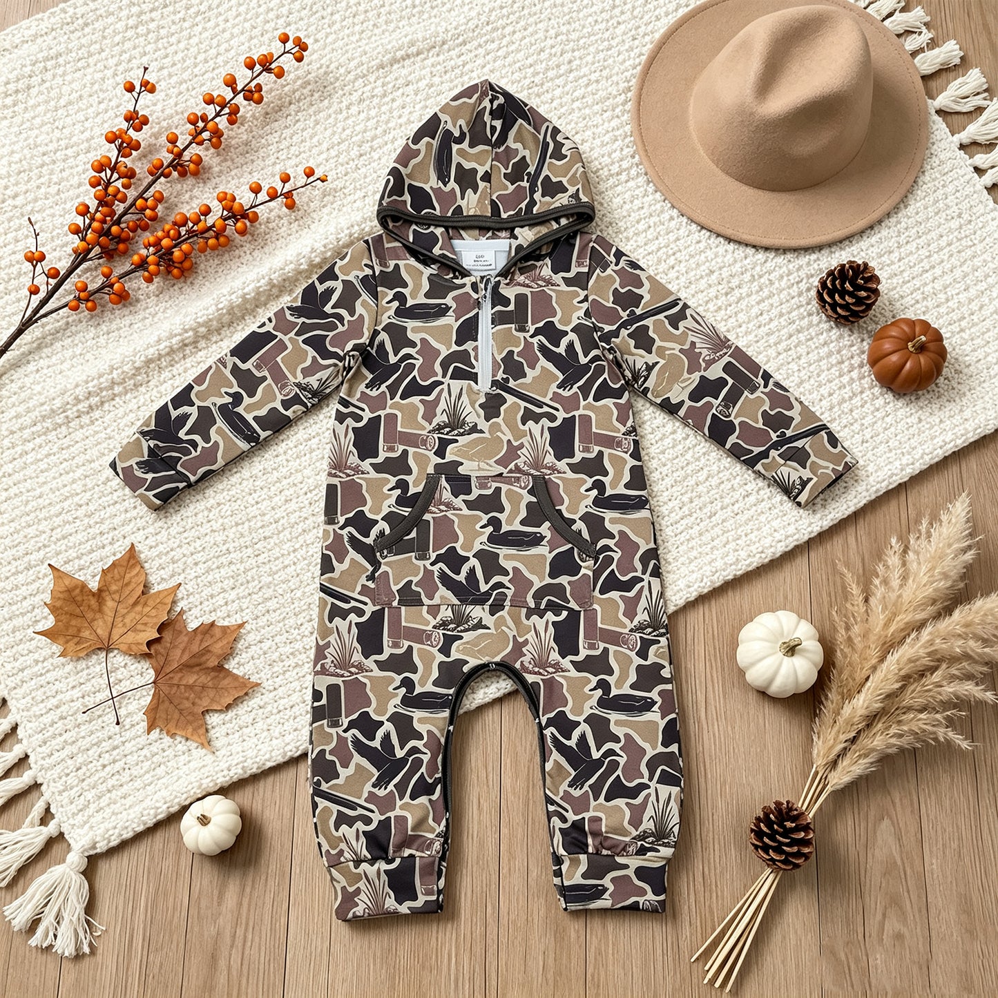 NEW RTS NO MOQ milk silk LR3029 Baby Boys Camo Ducks Zip Pocket Long Sleeve Hunting Rompers